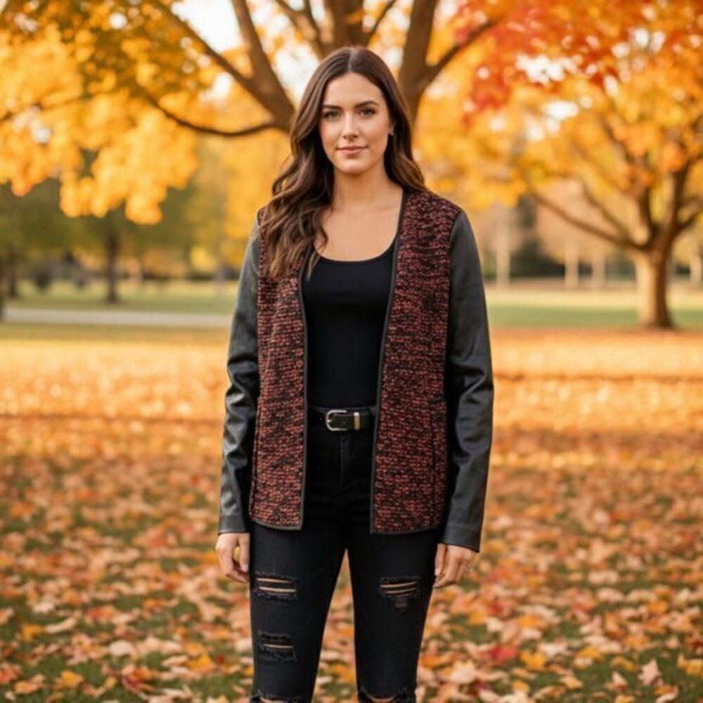 NWT Live a Little Women's Tweed Wool Red Leather Sleeve Cardigan Jacket XL
